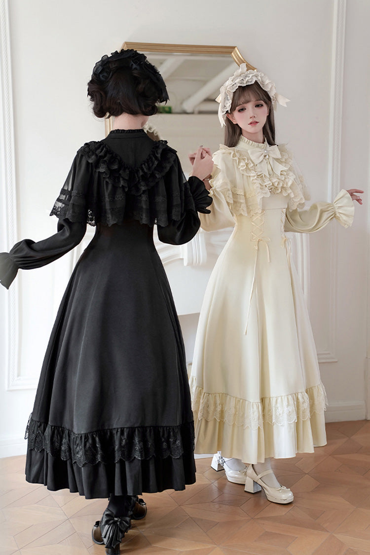 Stand Collar Gothic Dress with Long Sleeves and Lace-Up Ruffled Bow - Letters & Poems · Day and Night
