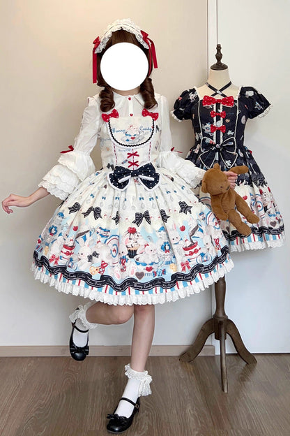 Mystery Rabbit Tea Party Sleeveless Print Ruffle Bowknot Lace Sweet Lolita JSK Dress in Beige