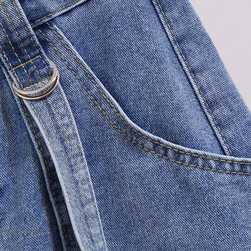 Denim Chic Round T-Shirt Collar Colorblock Pocketed Shorts