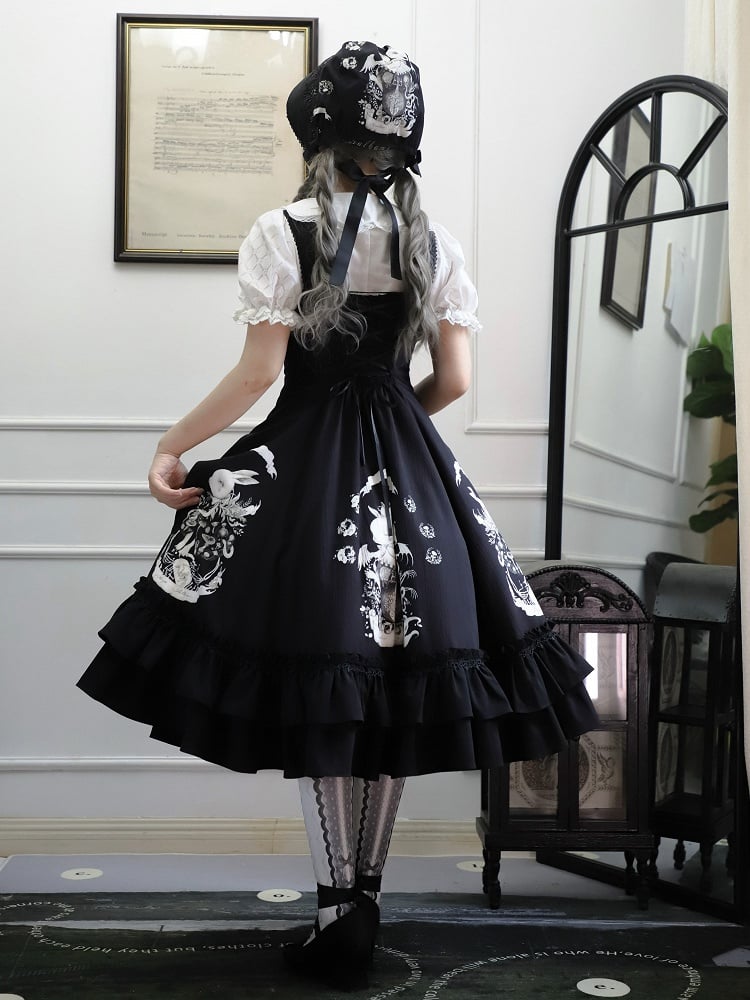 Bunny Print Black Dark Gothic Lolita Slim Fit Waist Dress