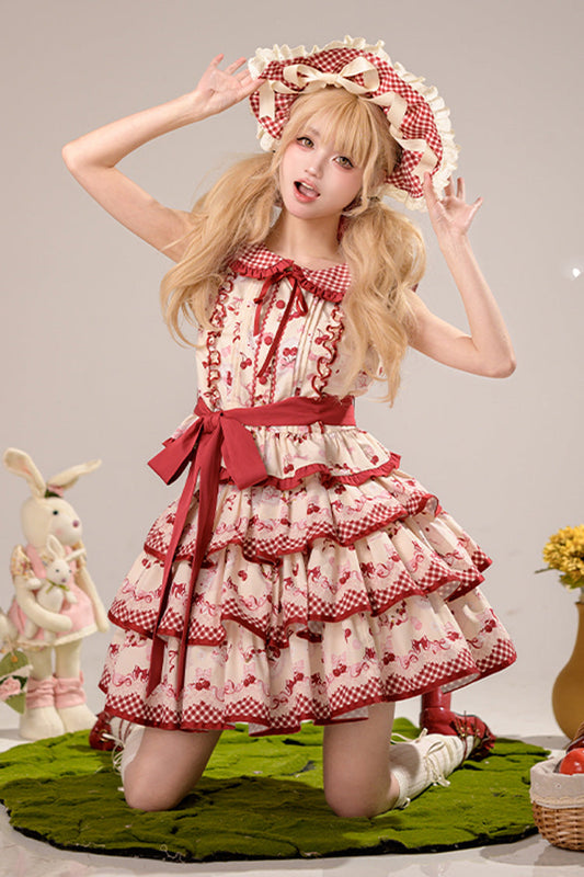 Crimson Three-Tier Cherry Print Ruffle Sweet Lolita Skirt Ensemble