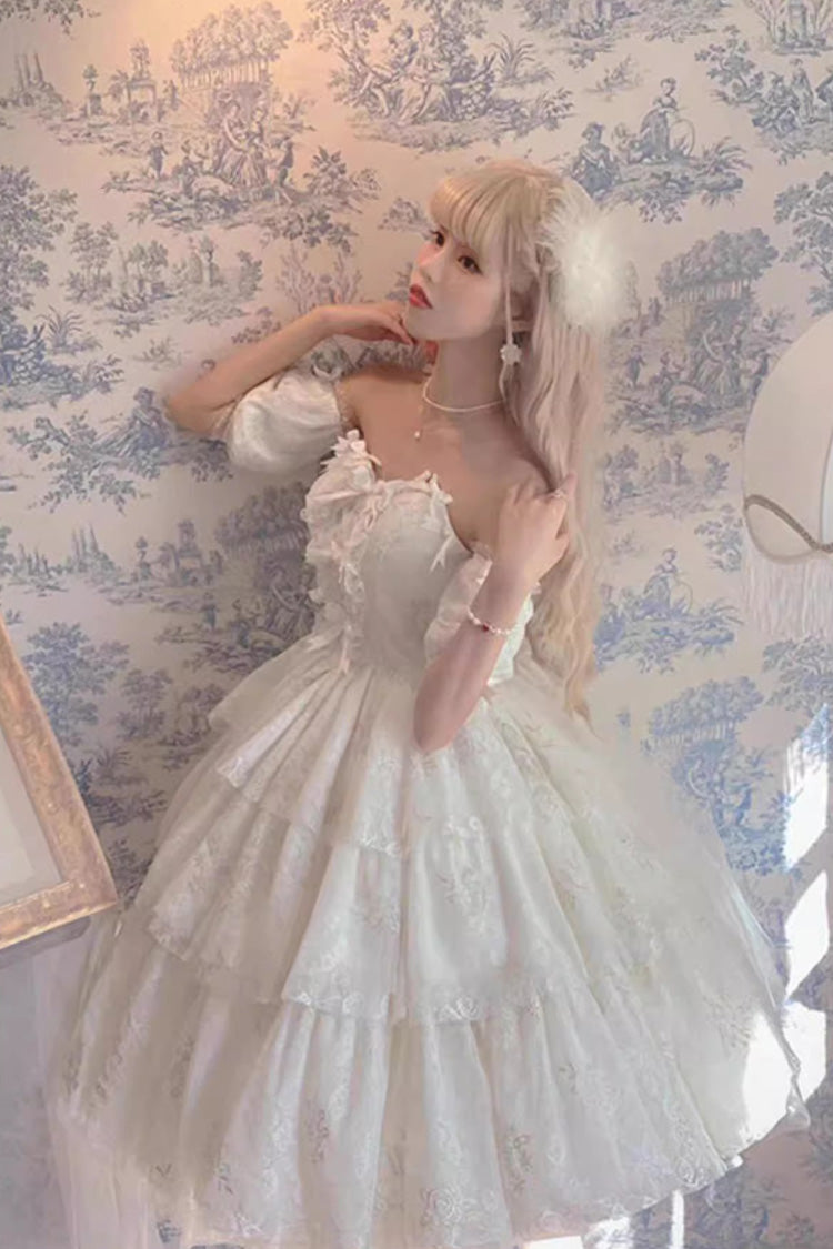 White Short-Sleeved Multi-Layer Printed Hanayome Bow-Trim Sweet Princess Lolita Strapless Dress