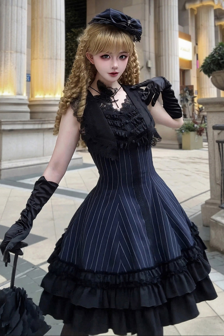 Double-Layered Striped Printed Gothic Jumper Dress with Jacquard Ruffles - Escape