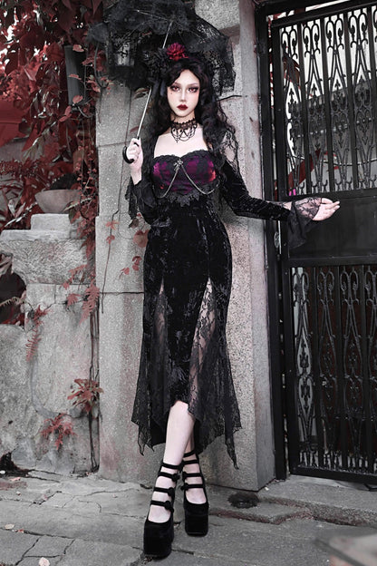 Rose Cemetery Gothic Fishtail Dress with Slim Lace - Noir