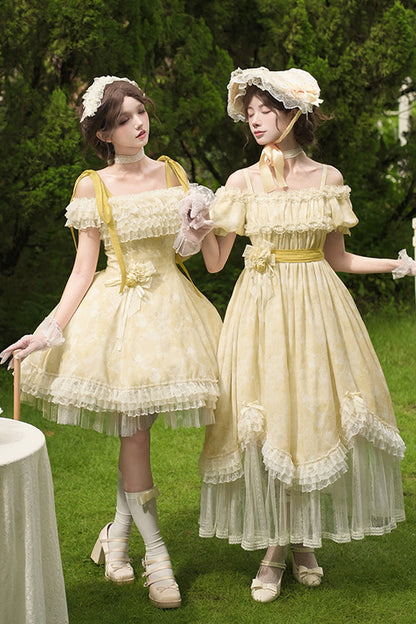 Golden Square-Collar Short-Sleeve Ruffled Lace Long Gown
