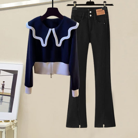 Sweater Sailor Denim Pants Collar Waist High