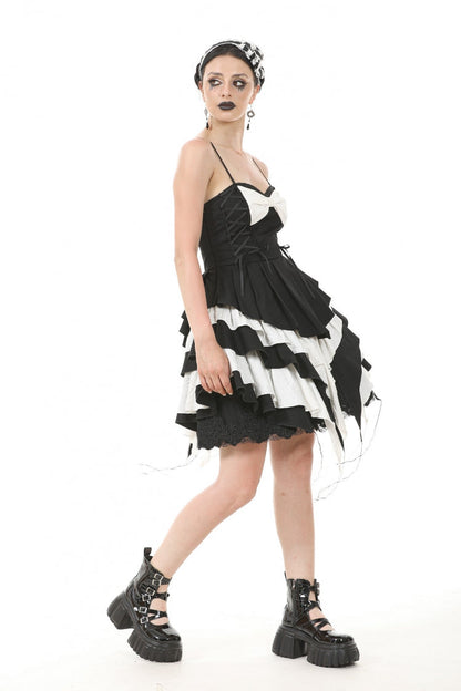 Monochrome Sleeveless Multi-Layered Ruffled Bow Slip Dress