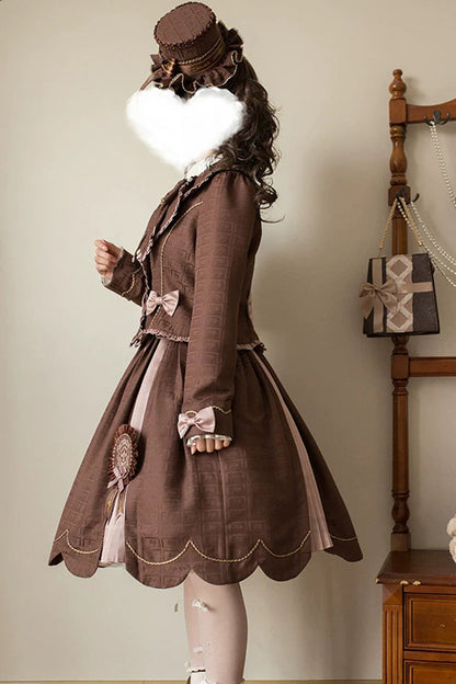 Brown Teddy Chocolate Bar Print Embroidered Bow Lace-Up Classic Lolita JSK Skirt