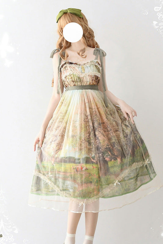 Emerald Oil Painting Spring Sleeveless Print Ruffle Bowknot Lace Sweet Lolita JSK