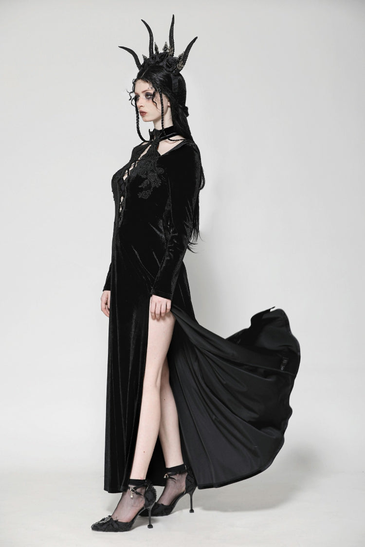 Long Sleeve Cut-Out Lace-Up Gothic Side Slit Velvet Party Wedding Dress