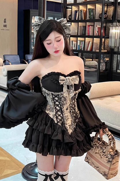 Printed Gothic Princess Strapless Dress with Ruffled Embroidery - Gentle Treasure