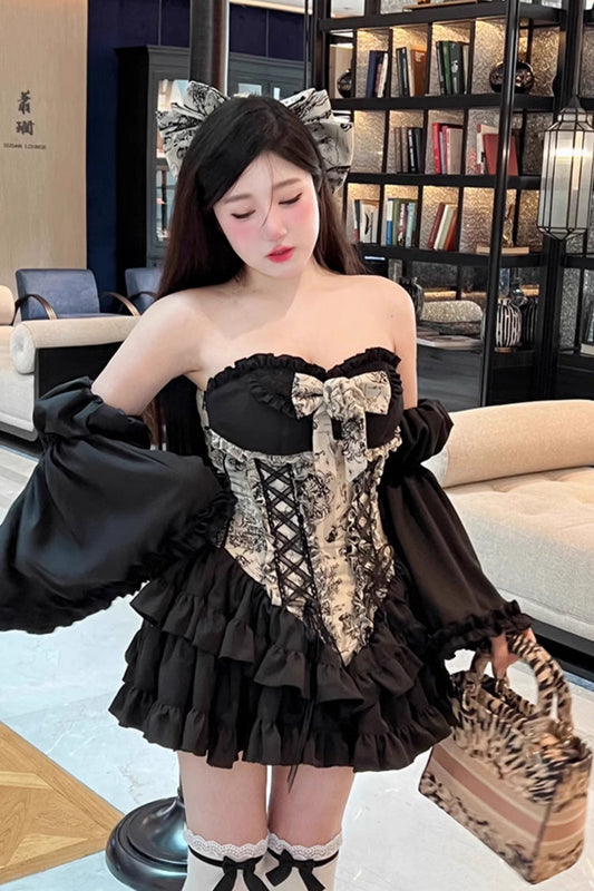 Printed Gothic Princess Strapless Dress with Ruffled Embroidery - Gentle Treasure