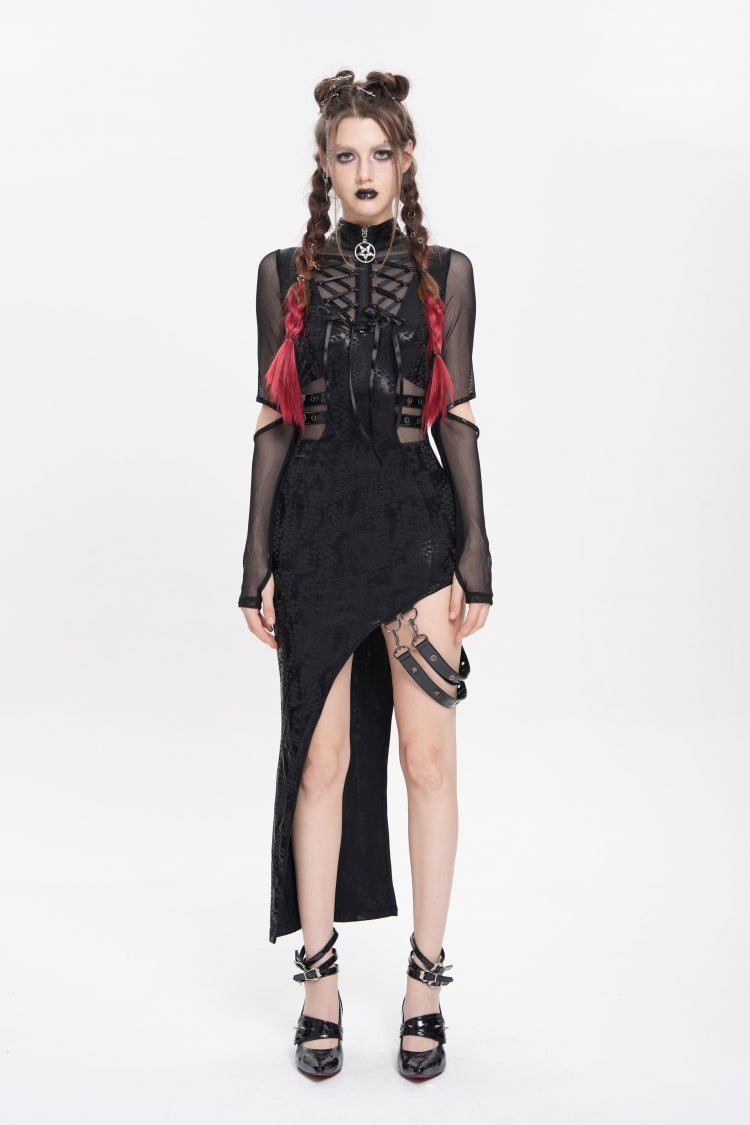 Stand Collar Long Sleeve Stitching Lace-Up Mesh Punk Dress