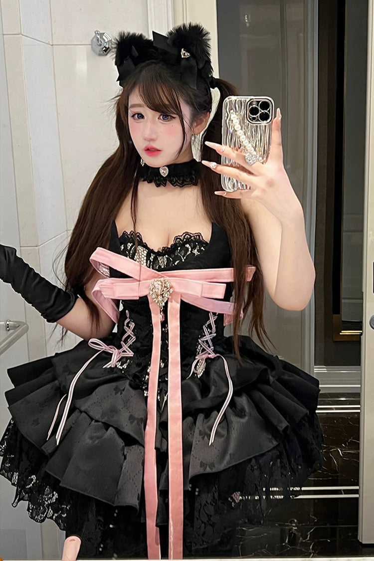 Kitten Sweetheart Multi-Layered Ruffled Bow Lace-Up Princess Ballet Gothic Lolita Jsk Dress