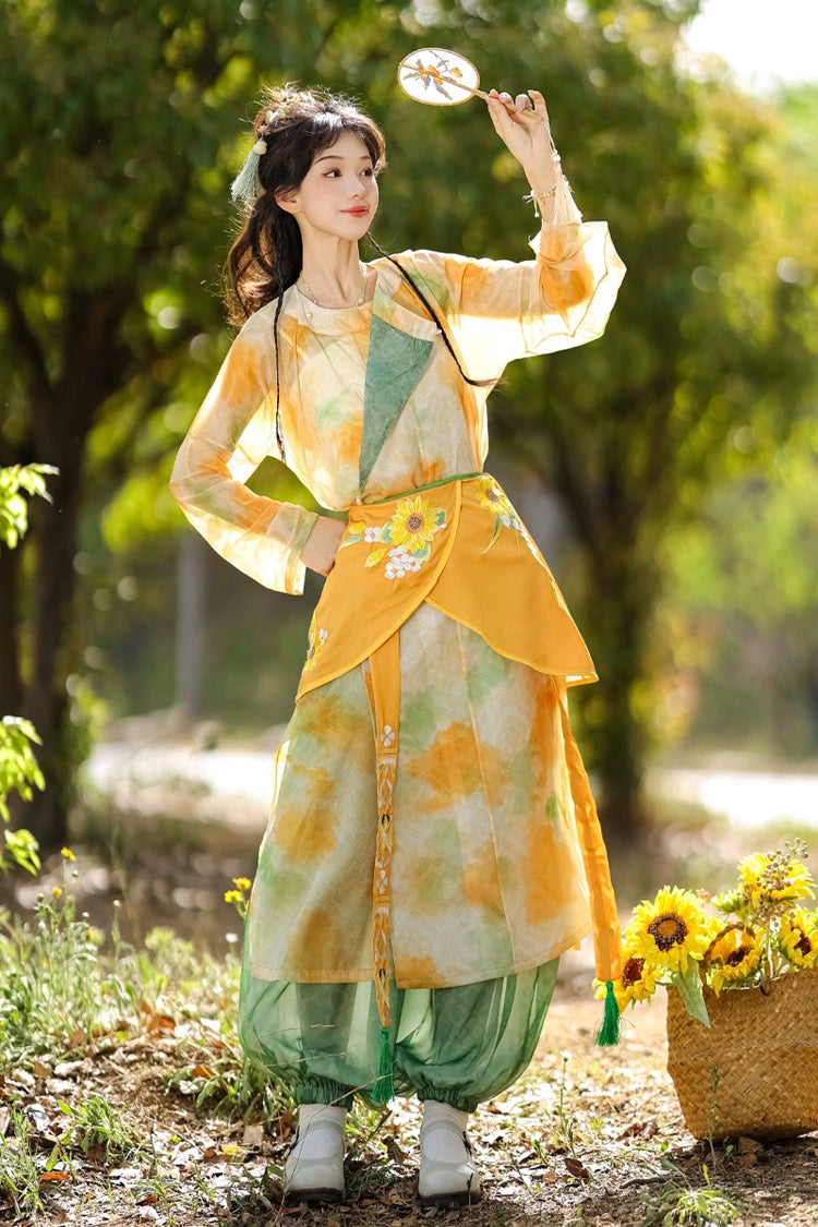 Round Collar Long Sleeve Printed Hanfu Pants Outfit in Yellow Green