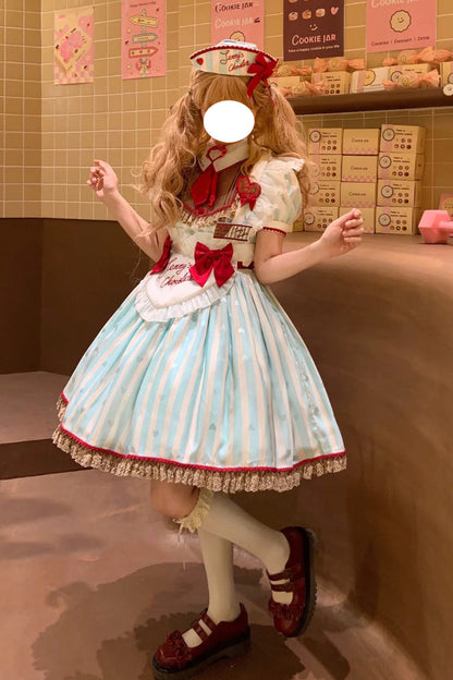 Emerald Jenny's Chocolate Short Sleeves Vertical Stripes Print Ruffle Bow Sweet Lolita Dress
