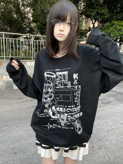 Jirai Kei Black Round Neck Graphic Sweatshirt Yami Kawaii Top