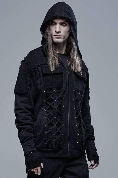 Lace-Up Front Long Sleeve Knit Hooded Jacket