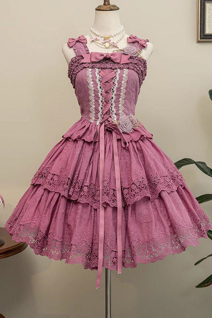 Sweet Elegant Lolita Suspender Top with Embroidery Bowknot and Lace-Up