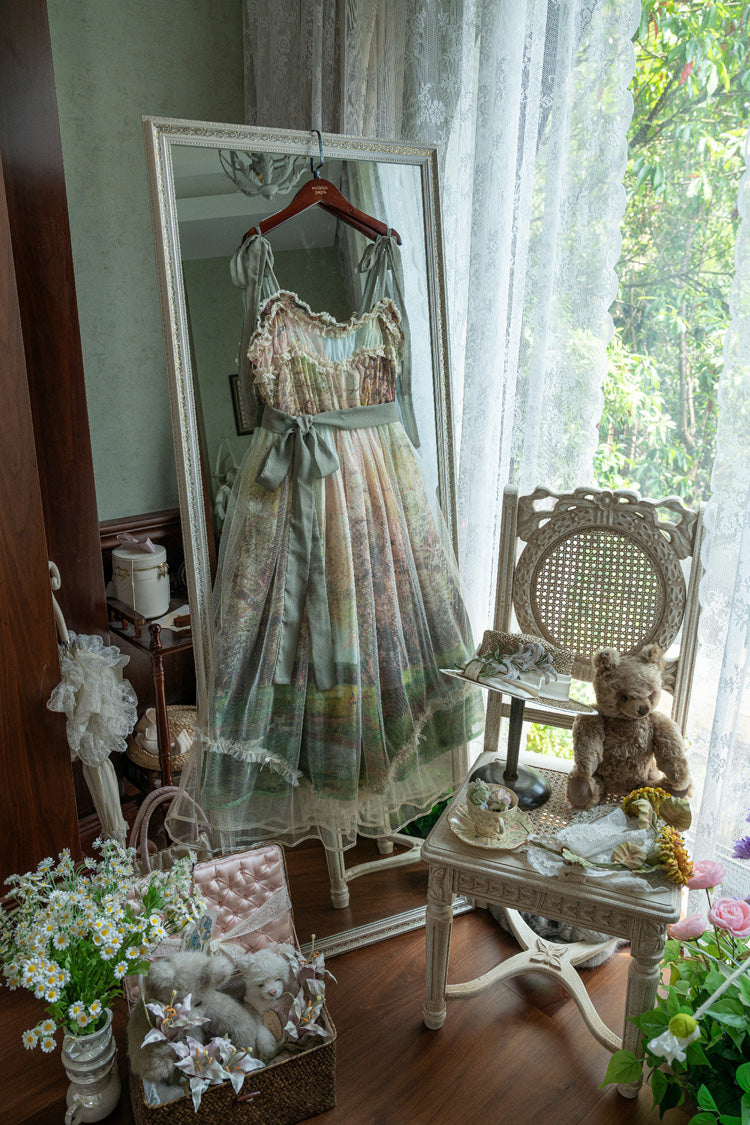 Emerald Oil Painting Spring Sleeveless Print Ruffle Bowknot Lace Sweet Lolita JSK
