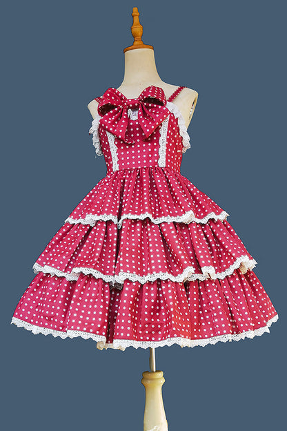 Polka Dot Ruffle Bowknot Sweet Lolita JSK Dress in Red