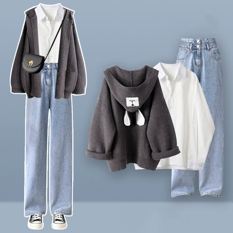 Bear Ears Hooded Cardigan Lapel Shirt Denim Pants Set