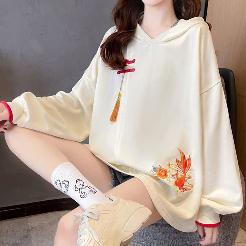 Floral Carp Embroidery Buckle Tassel Loose Hoodie