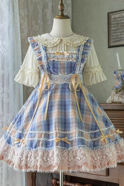 Endless Summer High Waist Print Ruffle Bow Lace Princess Lolita JSK Two Styles in Yellow Blue