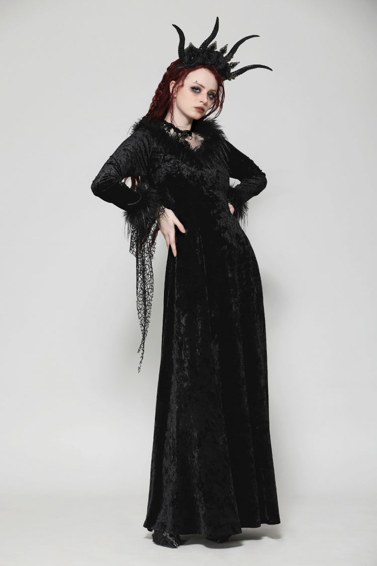 Long Sleeve Velvet Lace Gothic Maxi Wedding Dress