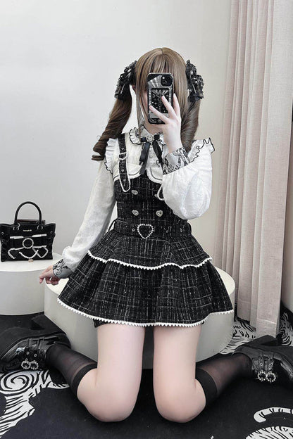 Black Plaid Pearl-Decorated Sweet Japanese Strap Dress Set
