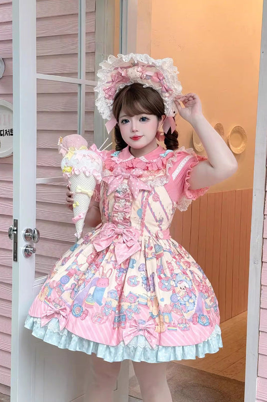 Cream Yellow Rainbow Buffy Bunny Sleeveless Double Layer Ribbon Doll Print Ruffle Bow Sweet Lolita JSK Set