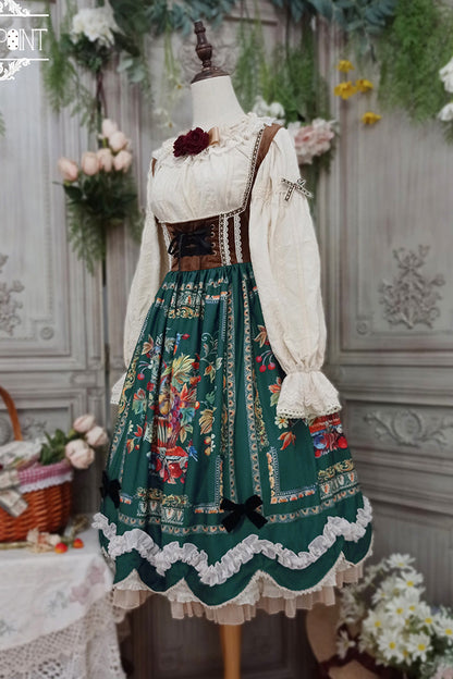 Emerald Ode to Plenty Berries Birds Print Ruffle Velvet Classic Lolita Breast Support JSK