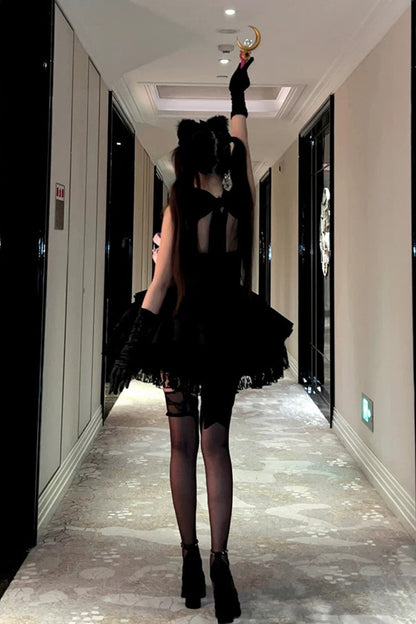 Kitten Sweetheart Multi-Layered Ruffled Bow Lace-Up Princess Ballet Gothic Lolita Jsk Dress