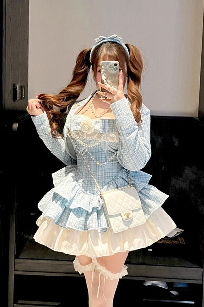 Blue Camellia Plaid-Print Ruffled Bow-Adorned Sweet Lolita Dress