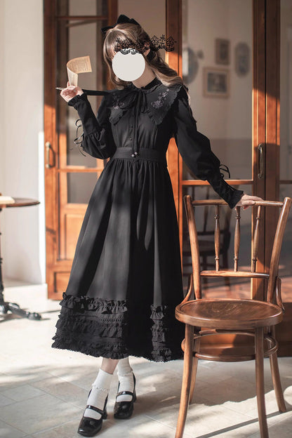 Long-Sleeved Gothic Vintage Elegant Dress with Ruffled Embroidery - Wind Kissed Tulips
