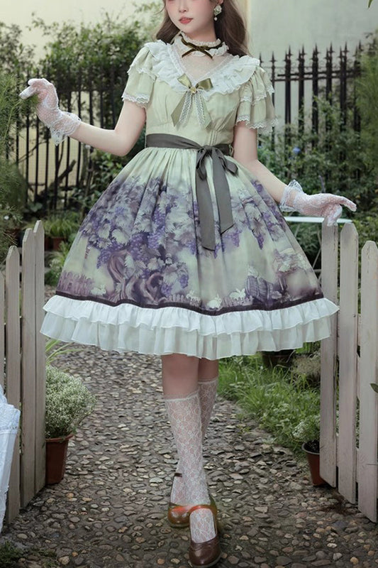 Multi-Color Short Sleeves Vineyard Print Ruffle Bow Sweet Princess Lolita Dress