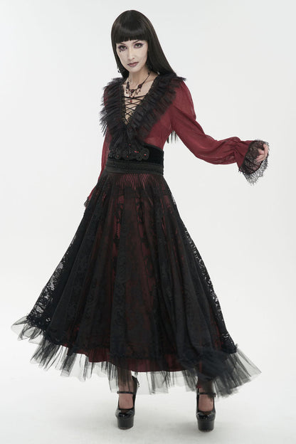 Crimson Slim Waist Tartan Stitched Layered Lace Long Sleeve Goth Shirt