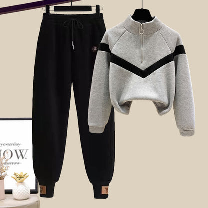 Sweatshirt Draw Zipper Pocketed String Pants Casual