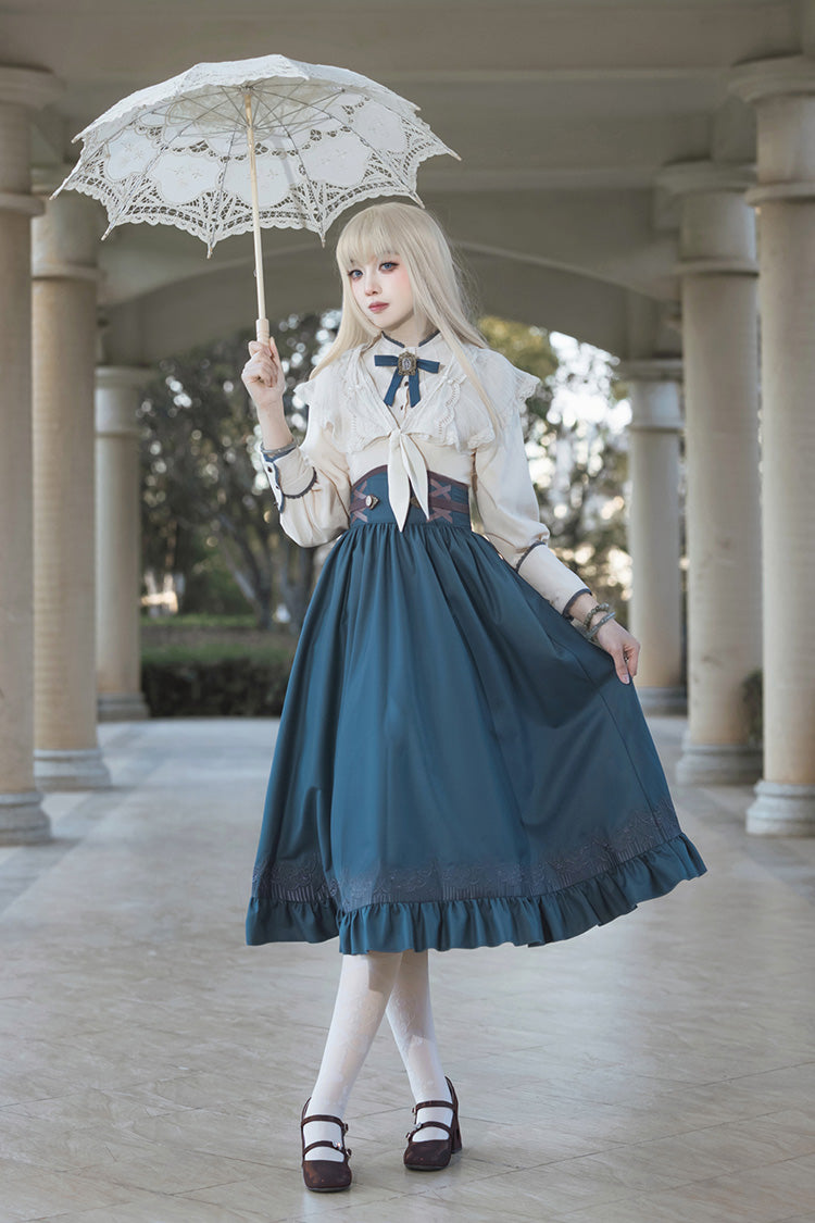 Blue Ruffle Embroidered Lace-Up Sweet College Elegant Lolita Skirt