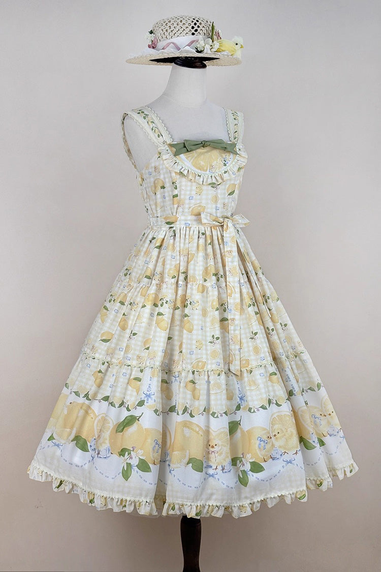 Lemon Chicken Print Ruffle Bow Lace Sweet Lolita JSK Long in Yellow