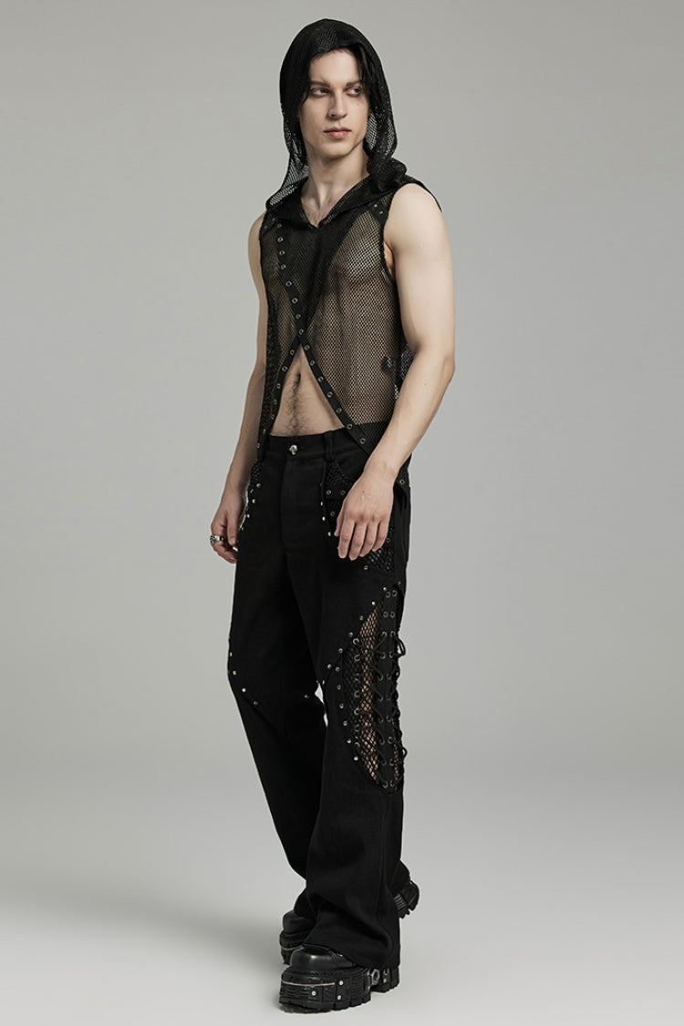 Gothic Flared Pants with Lace-Up Mesh Detailing