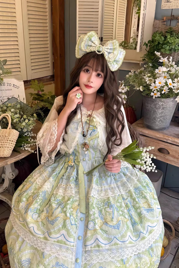 Blue Green Lily of the Valley Perfume Pearl Candy Tea Doll Collar Sleeveless Print Lace Plus Sweet Lolita JSK