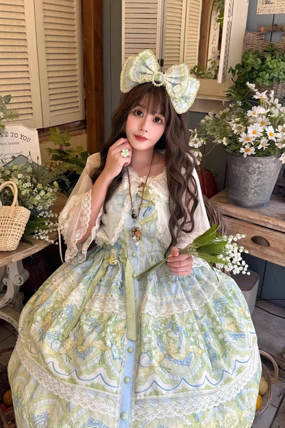 Blue Green Lily of the Valley Perfume Pearl Candy Tea Doll Collar Sleeveless Print Lace Plus Sweet Lolita JSK