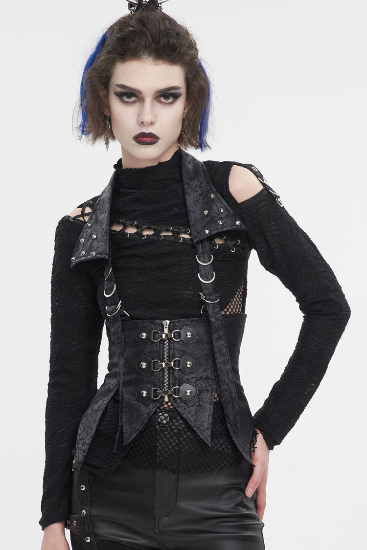 Lace-Up Black Asymmetric Gothic Vest with Detachable Collar