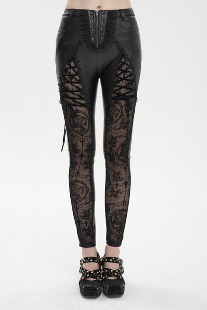 Gothic Women's Slim Leggings with Adjustable Lace Strings and Flocked Stretch