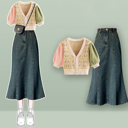 Skirt Colorblock Fishtail Set T-Shirt V-neck Denim