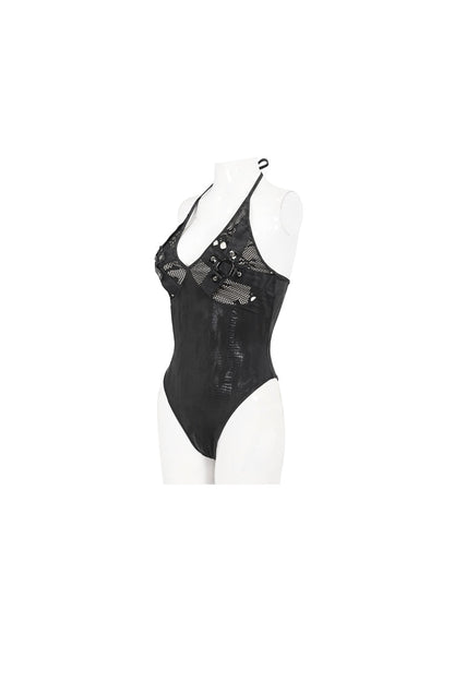 Gothic One-Piece Swimsuit with Skull Print and Sheer Mesh