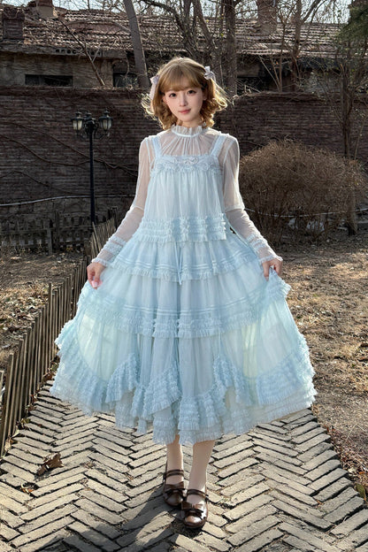 Sweet Stand Collar Long Sleeve Multi Layer Ruffle Color Block Lolita Tiered Dress 14 Colors
