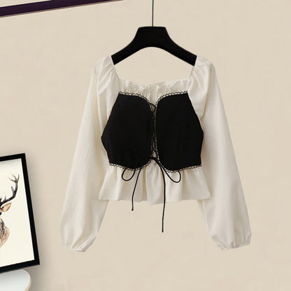 Collar Fishtail Sweet Lace Denim Set Square Skirt Shirt Up