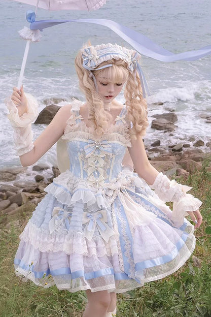 Sleeveless Embroidered Lace Dress with Fishbone Ruffle and Bow